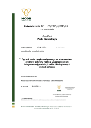 Zaświadczenie ukończenia szkolenia online pt. 'Ograniczenie ryzyka związanego ze stosowaniem środków ochrony roślin z uwzględnieniem integrowane produkcji roślin i biologicznych metod ochrony'